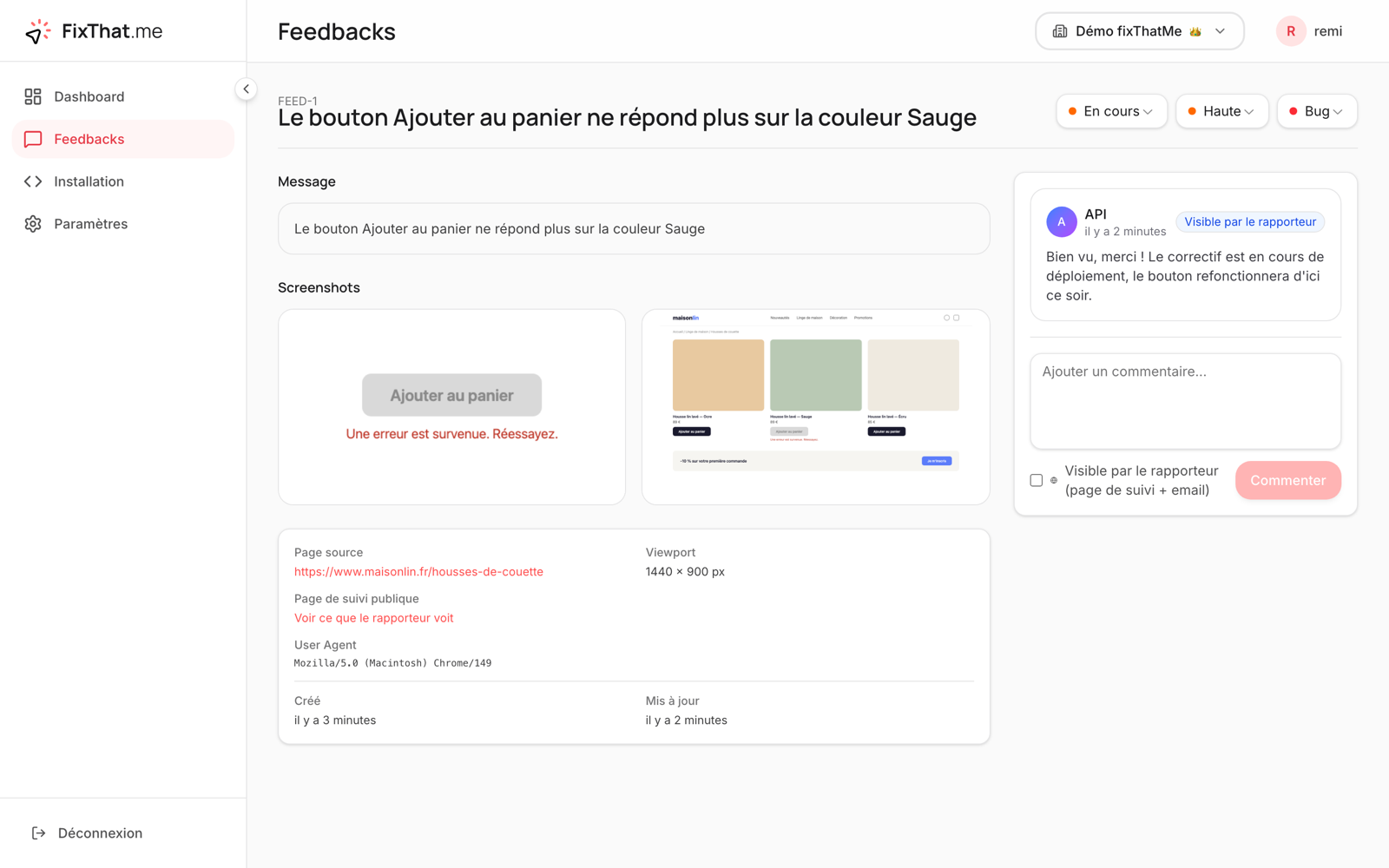 A feedback detail view: screenshots of the reported area and the page, technical context, internal comments and public replies