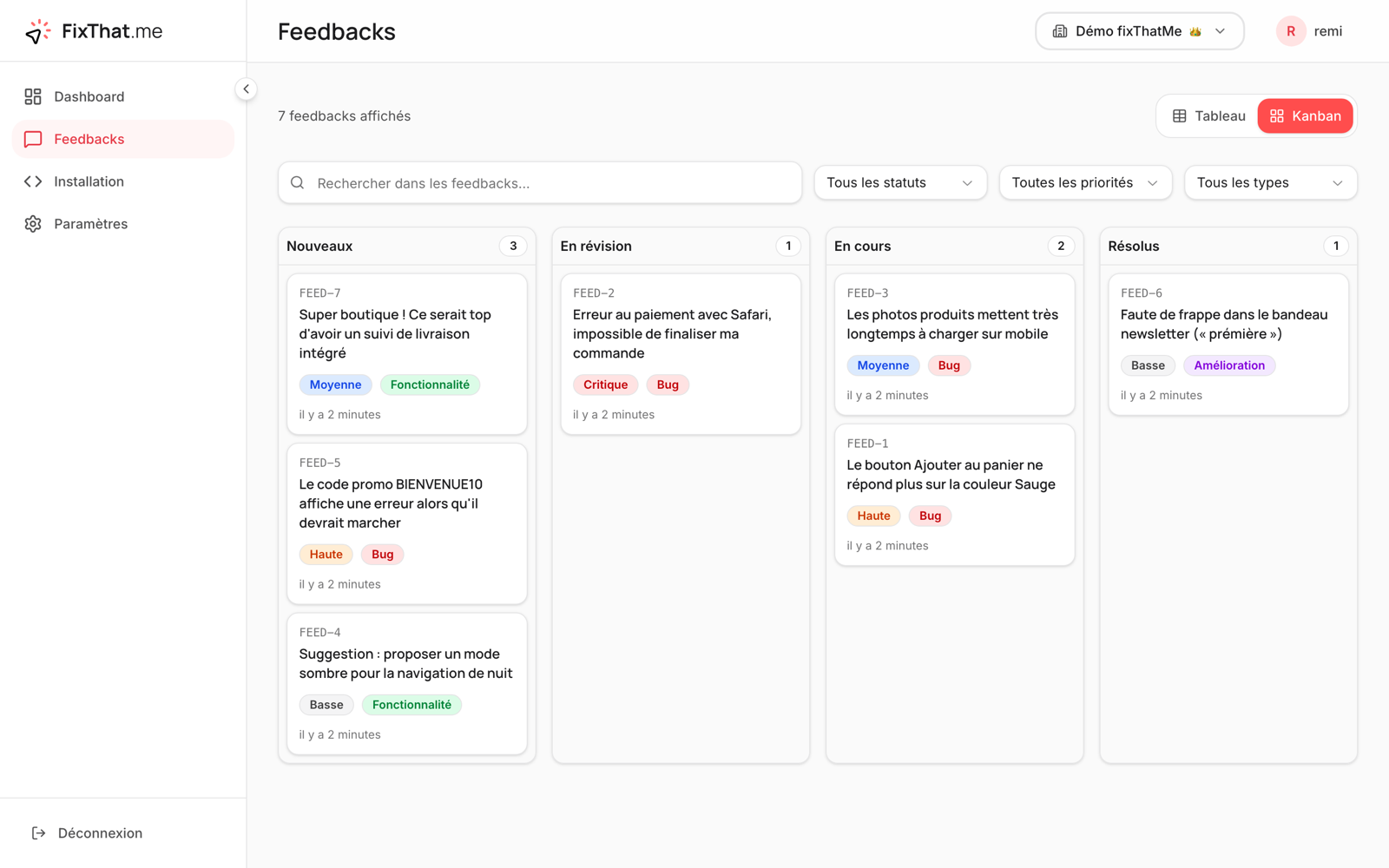 The fixThatMe dashboard: feedback organized in a kanban by status (new, in review, in progress, resolved)