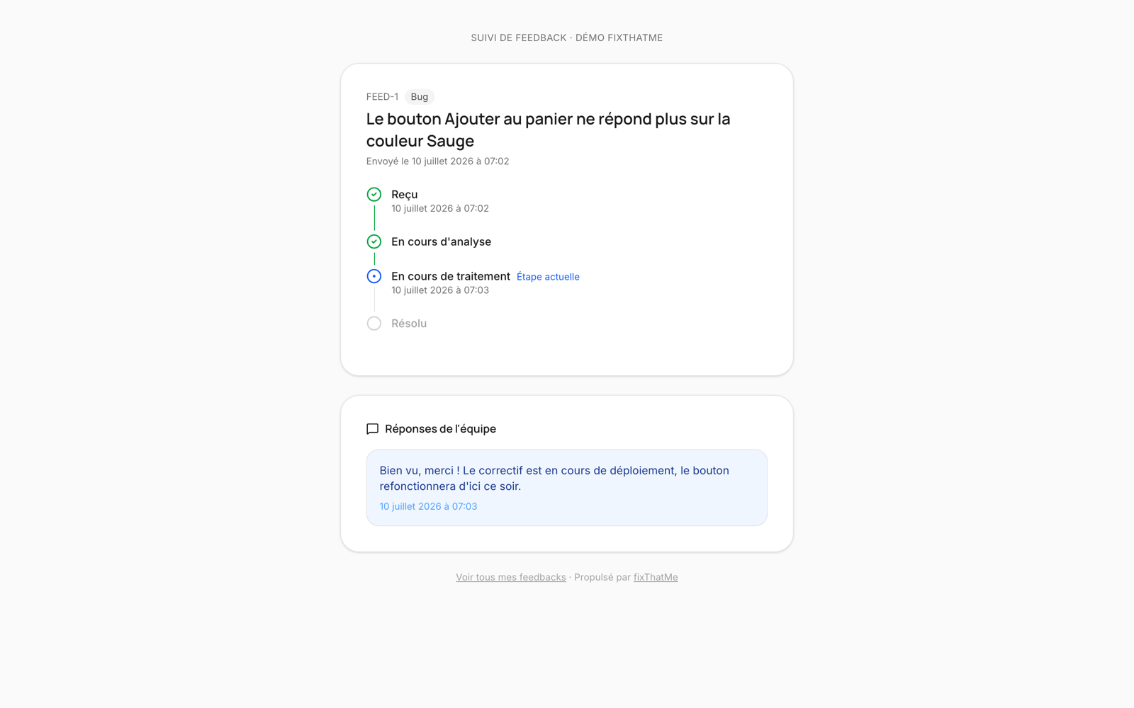 A public feedback tracking page: status timeline and team replies, visible to the reporter
